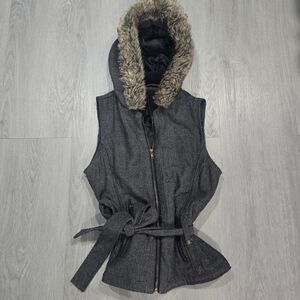Herringbone Sleeveless Hooded Belted Vest with Faux Fur Trim - Dark Gray